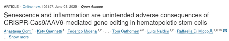 衰老與炎癥是CRISPR-Cas9/AAV6介導的造血干細胞基因編輯中非預(yù)期的有害后果