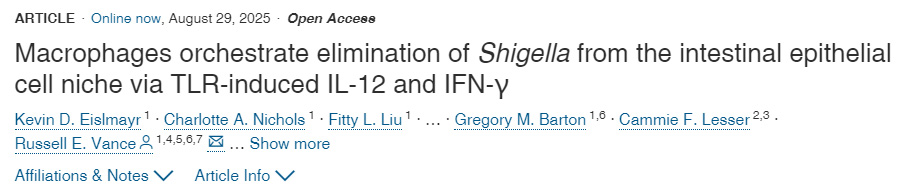 巨噬細(xì)胞通過Toll樣受體誘導(dǎo)的白細(xì)胞介素12與γ干擾素，協(xié)調(diào)清除腸上皮細(xì)胞微環(huán)境中的志賀氏菌