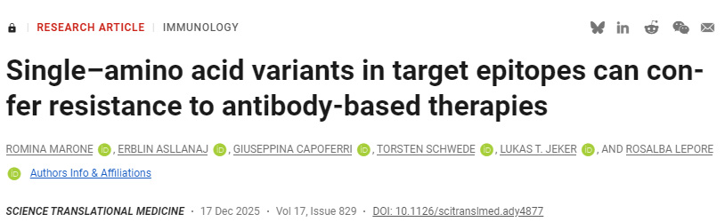 靶向表位中的單個(gè)氨基酸變異可導(dǎo)致抗體療法產(chǎn)生耐藥性 靶向表位中的單個(gè)氨基酸變異可導(dǎo)致抗體療法產(chǎn)生耐藥性