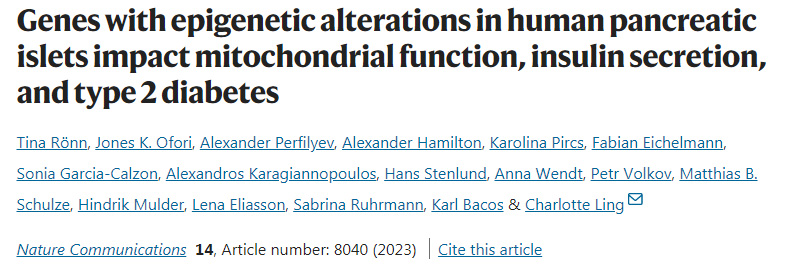 人類胰島表觀遺傳學(xué)改變的基因影響線粒體功能、胰島素分泌和2型糖尿病