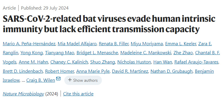 嚴(yán)重急性呼吸系統(tǒng)綜合征冠狀病毒2型相關(guān)蝙蝠病毒逃避人類固有免疫，但缺乏有效的傳播能力